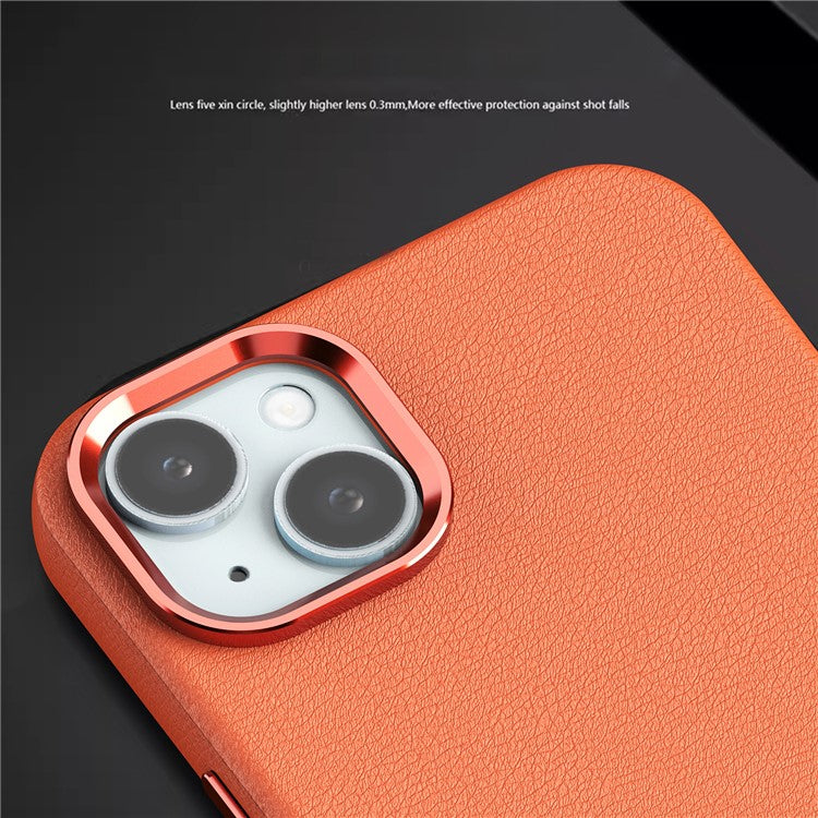 For iPhone 14 Case Compatible with Magsafe PU Leather Back Cover with Metal Lens Frame - Orange