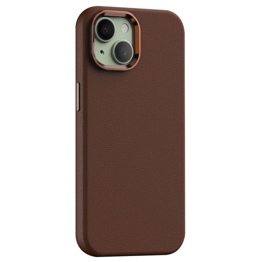 For iPhone 14 Case Compatible with Magsafe PU Leather Back Cover with Metal Lens Frame - Brown