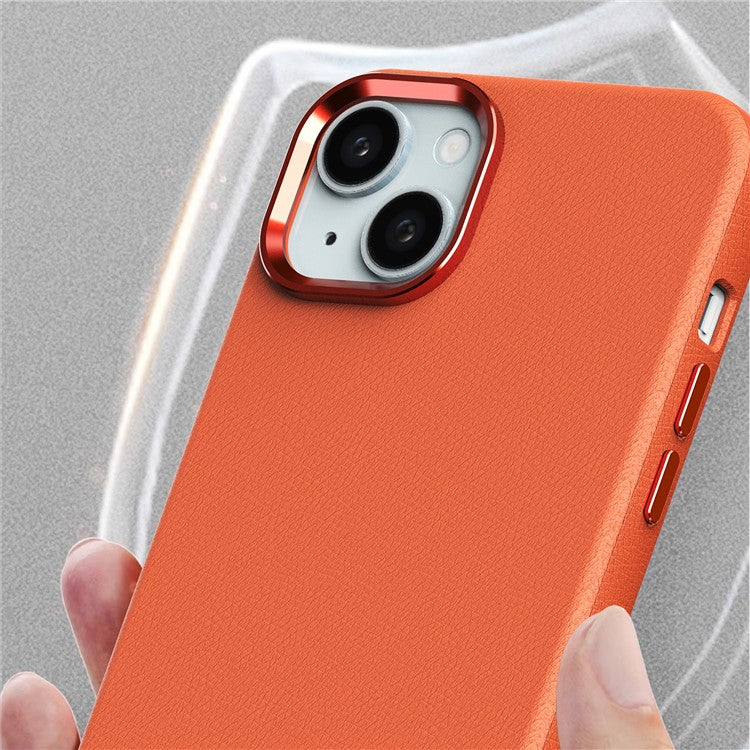 For iPhone 14 Case Compatible with Magsafe PU Leather Back Cover with Metal Lens Frame - Brown