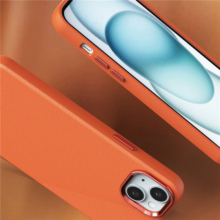 For iPhone 14 Case Compatible with Magsafe PU Leather Back Cover with Metal Lens Frame - Brown