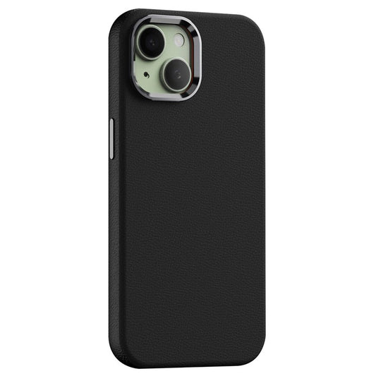 For iPhone 14 Case Compatible with Magsafe PU Leather Back Cover with Metal Lens Frame - Black