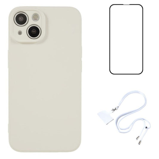 WANLONFENG RB1 Series For iPhone 14 Slim Case Soft TPU Phone Shell with Screen Film, Lanyard - White