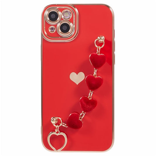 For iPhone 14 Case Electroplating Heart Pattern Soft TPU Phone Cover with Hand Strap - Red