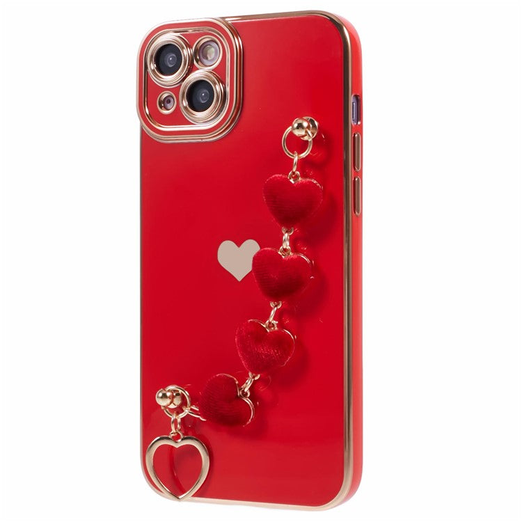 For iPhone 14 Case Electroplating Heart Pattern Soft TPU Phone Cover with Hand Strap - Red