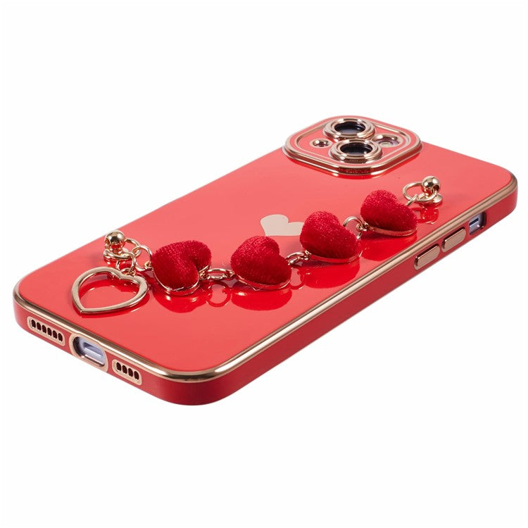 For iPhone 14 Case Electroplating Heart Pattern Soft TPU Phone Cover with Hand Strap - Red