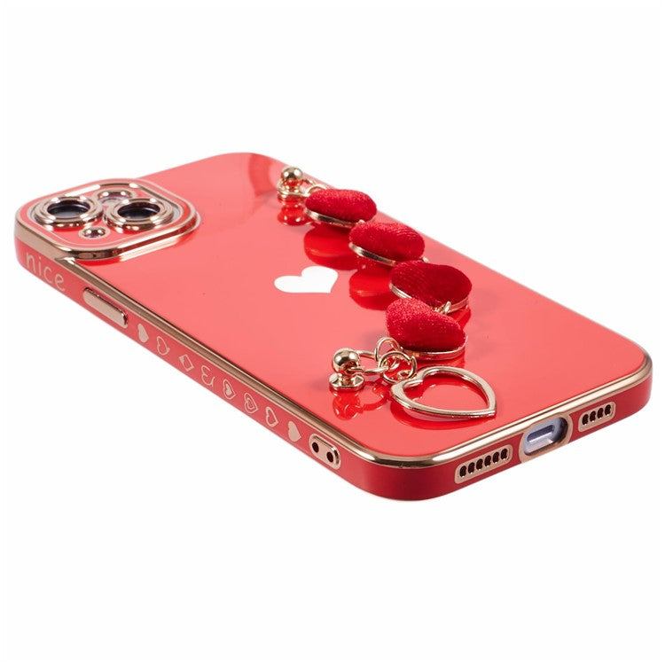 For iPhone 14 Case Electroplating Heart Pattern Soft TPU Phone Cover with Hand Strap - Red