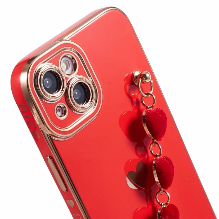 For iPhone 14 Case Electroplating Heart Pattern Soft TPU Phone Cover with Hand Strap - Red