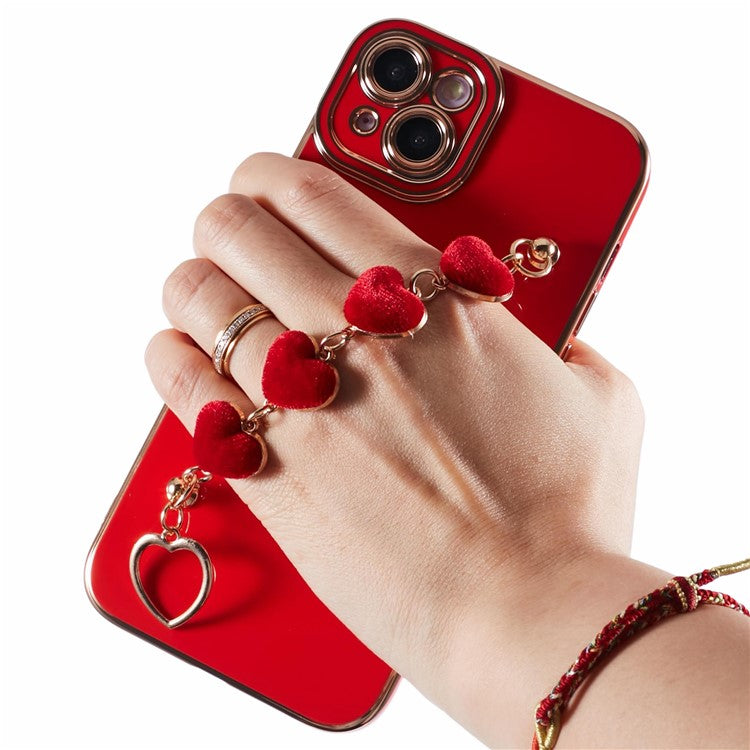 For iPhone 14 Case Electroplating Heart Pattern Soft TPU Phone Cover with Hand Strap - Red