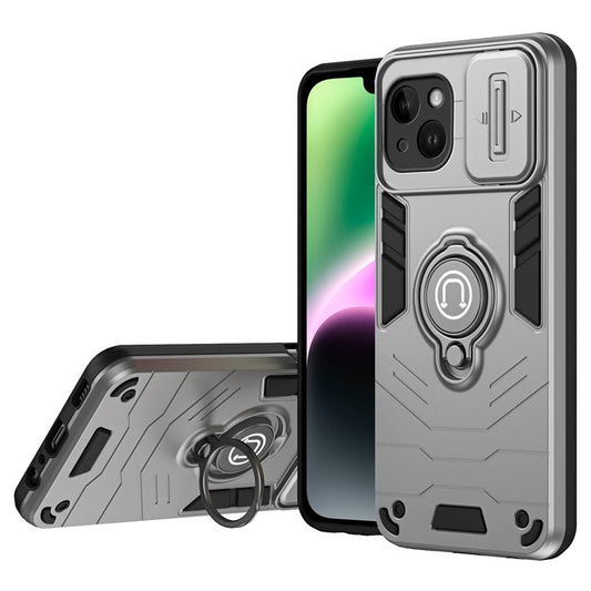 For iPhone 14 Case PC+TPU Anti-Drop Phone Cover with Ring Kickstand - Grey