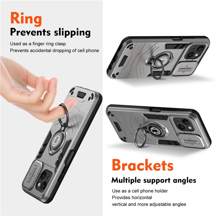 For iPhone 14 Case PC+TPU Anti-Drop Phone Cover with Ring Kickstand - Grey