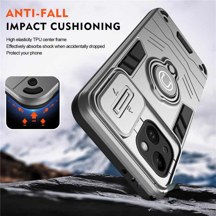 For iPhone 14 Case PC+TPU Anti-Drop Phone Cover with Ring Kickstand - Grey