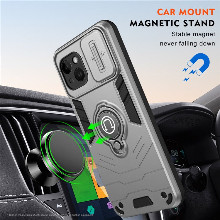 For iPhone 14 Case PC+TPU Anti-Drop Phone Cover with Ring Kickstand - Grey