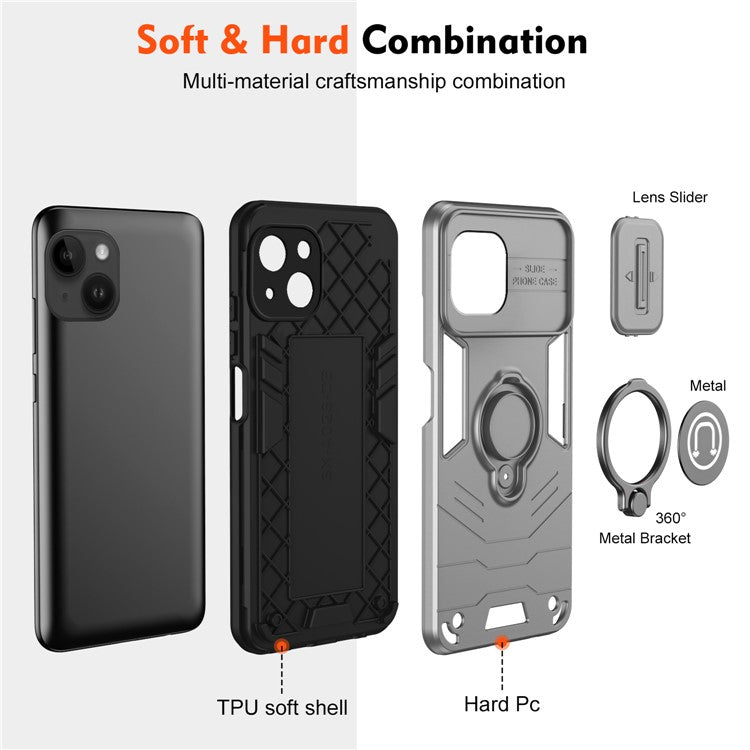 For iPhone 14 Case PC+TPU Anti-Drop Phone Cover with Ring Kickstand - Grey