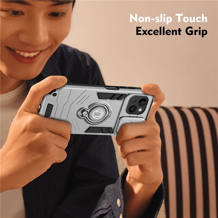 For iPhone 14 Case PC+TPU Anti-Drop Phone Cover with Ring Kickstand - Grey