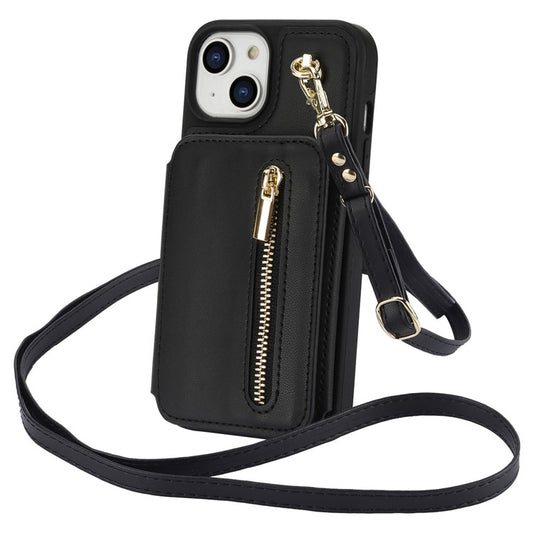 For iPhone 14 Case Zipper Pocket Leather Coated TPU Crossbody Phone Cover - Black
