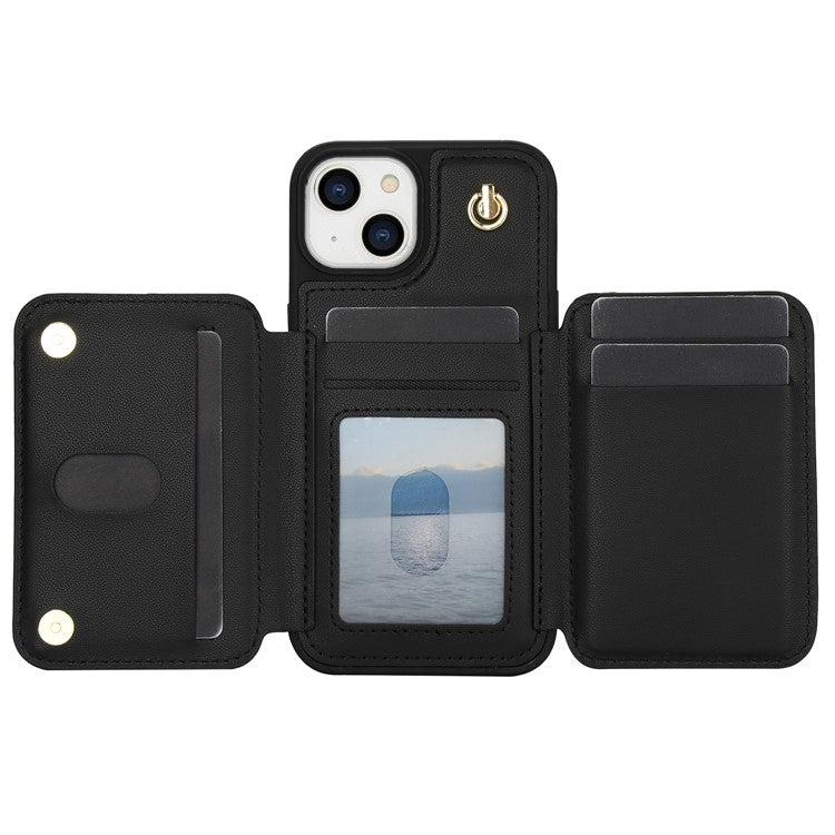 For iPhone 14 Case Zipper Pocket Leather Coated TPU Crossbody Phone Cover - Black