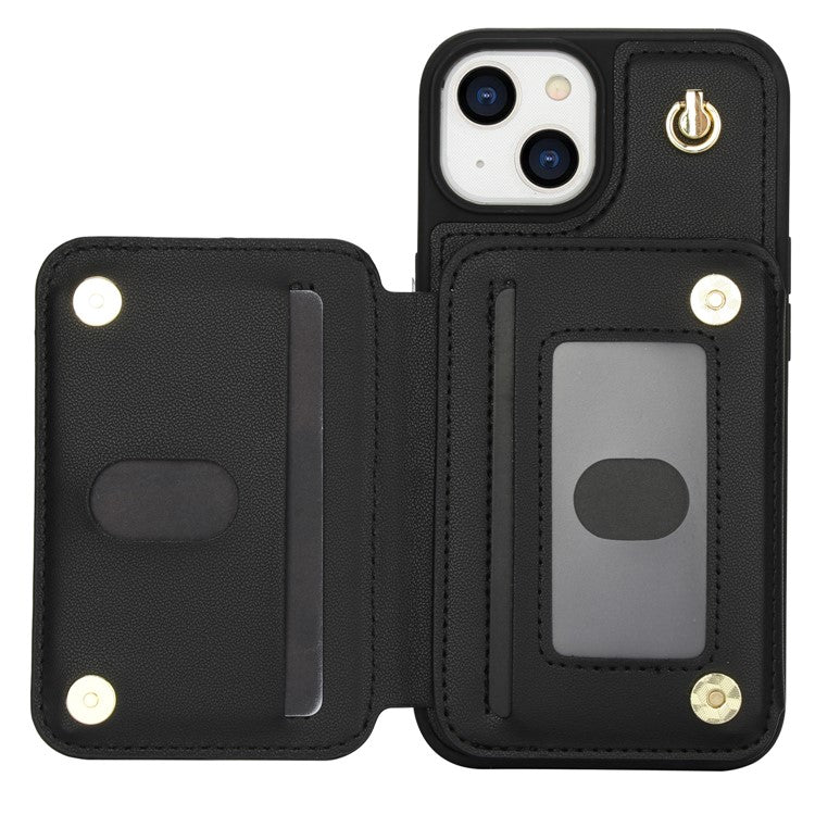 For iPhone 14 Case Zipper Pocket Leather Coated TPU Crossbody Phone Cover - Black