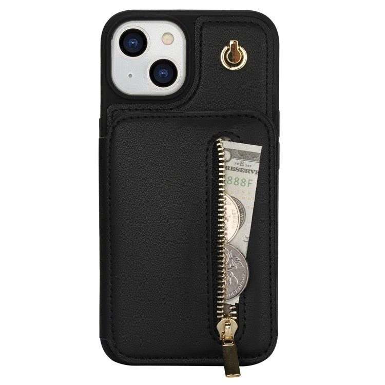For iPhone 14 Case Zipper Pocket Leather Coated TPU Crossbody Phone Cover - Black