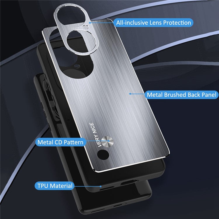 Anti-fall Phone Case For Huawei P50 Pro 4G, Brushed Aluminium Alloy Back + TPU Frame Scratch-resistant Protective Cover - Black