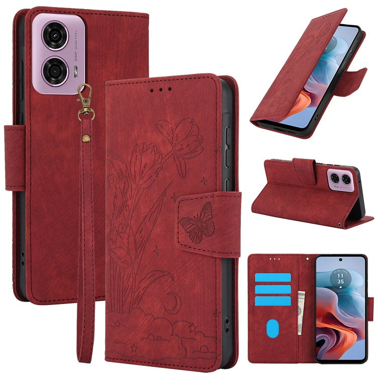 SY-001 For Motorola Moto G45 5G / G34 5G Case Butterfly Flower Leather Phone Cover - Red