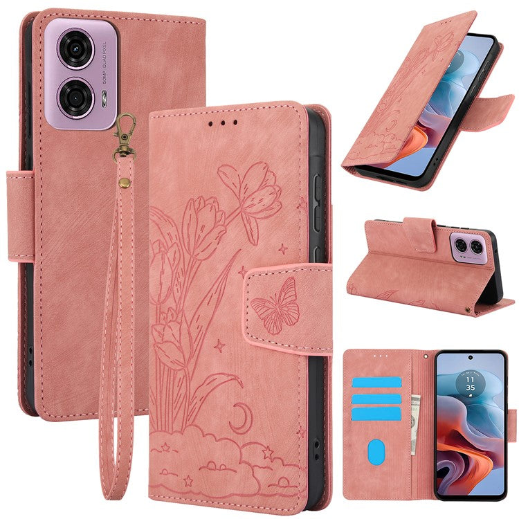 SY-001 For Motorola Moto G45 5G / G34 5G Case Butterfly Flower Leather Phone Cover - Pink