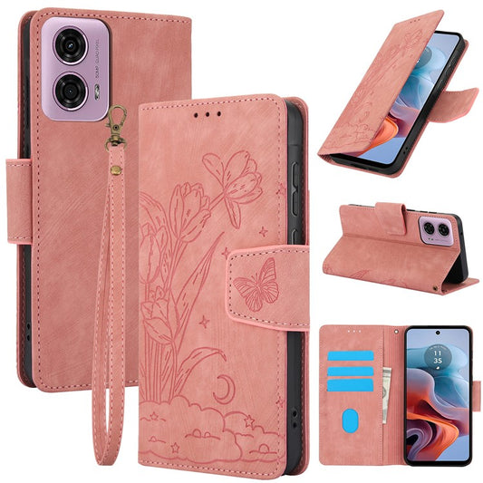 SY-001 For Motorola Moto G45 5G / G34 5G Case Butterfly Flower Leather Phone Cover - Pink