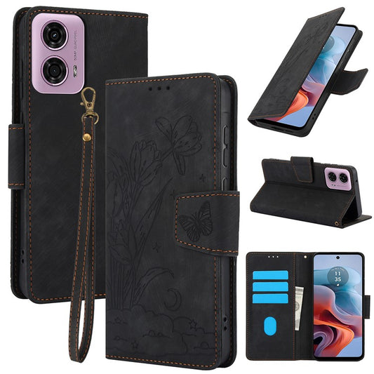 SY-001 For Motorola Moto G45 5G / G34 5G Case Butterfly Flower Leather Phone Cover - Black