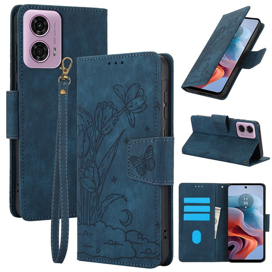 SY-001 For Motorola Moto G45 5G / G34 5G Case Butterfly Flower Leather Phone Cover - Blue