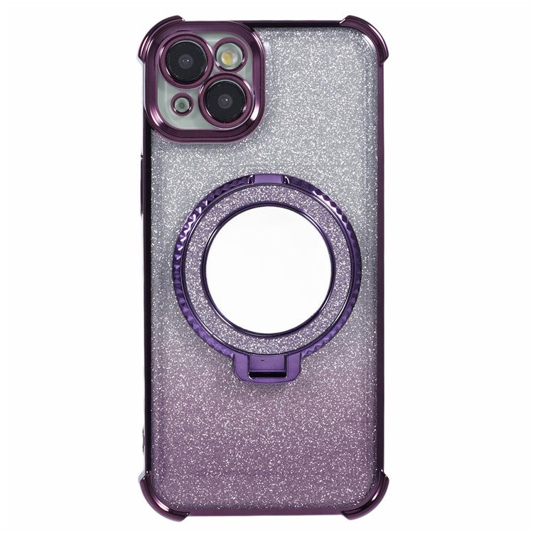For iPhone 14 Plus Case Round Mirror Glitter TPU Phone Cover with Ring Kickstand - Dark Purple