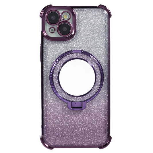 For iPhone 14 Plus Case Round Mirror Glitter TPU Phone Cover with Ring Kickstand - Dark Purple