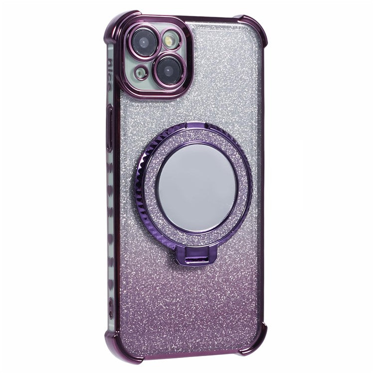 For iPhone 14 Plus Case Round Mirror Glitter TPU Phone Cover with Ring Kickstand - Dark Purple