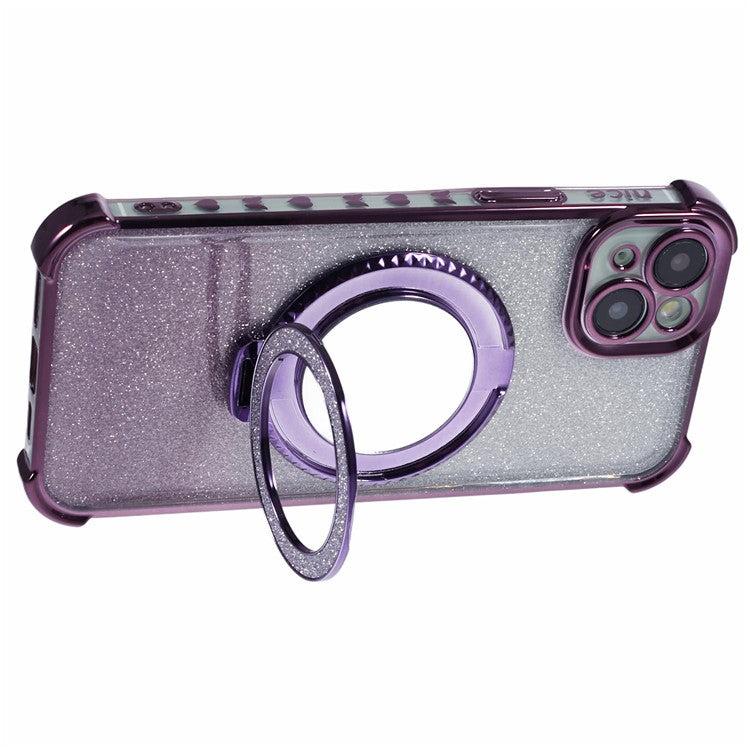 For iPhone 14 Plus Case Round Mirror Glitter TPU Phone Cover with Ring Kickstand - Dark Purple