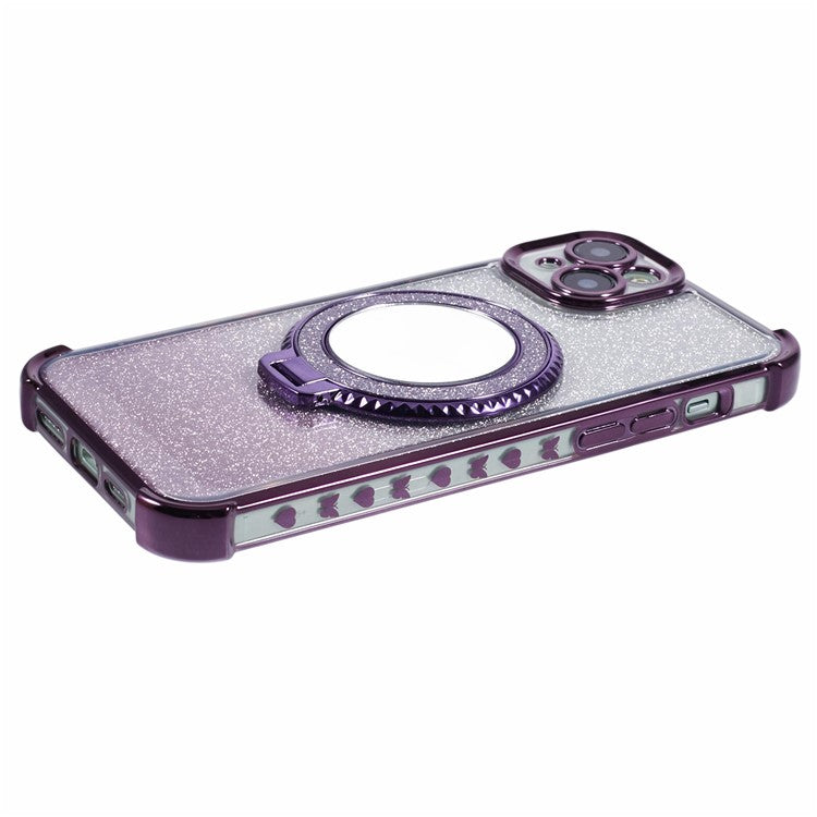 For iPhone 14 Plus Case Round Mirror Glitter TPU Phone Cover with Ring Kickstand - Dark Purple