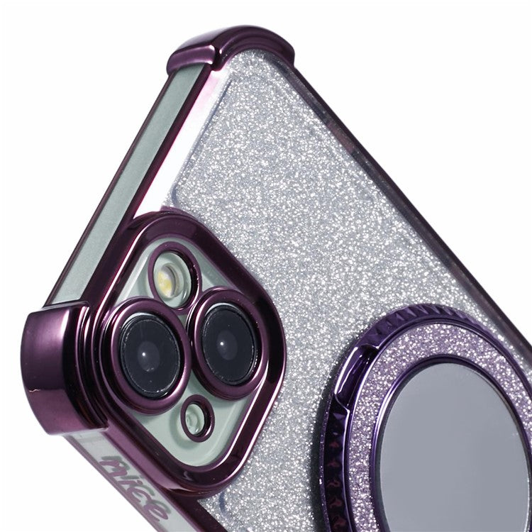 For iPhone 14 Plus Case Round Mirror Glitter TPU Phone Cover with Ring Kickstand - Dark Purple
