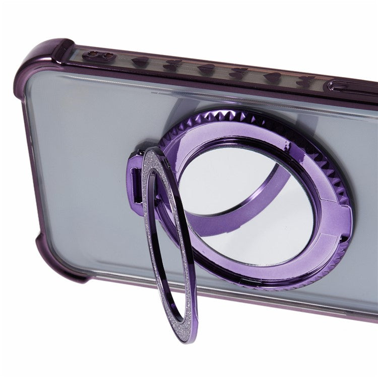 For iPhone 14 Plus Case Round Mirror Glitter TPU Phone Cover with Ring Kickstand - Dark Purple
