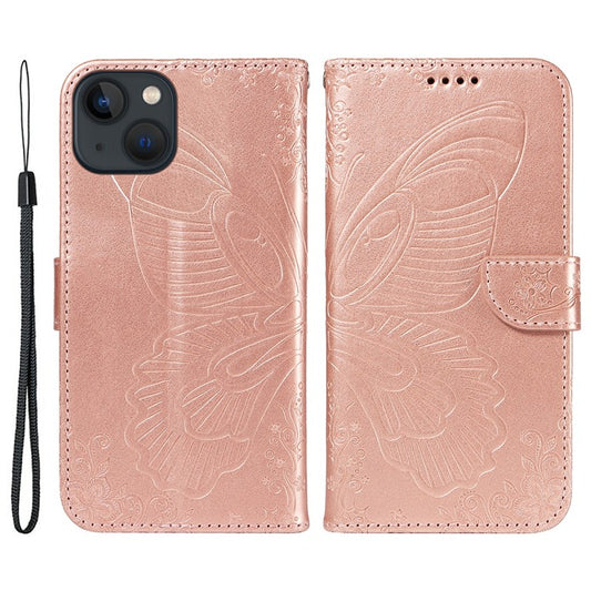 For iPhone 14 Case Butterfly Pattern Leather Phone Cover with Wallet Stand - Rose Gold