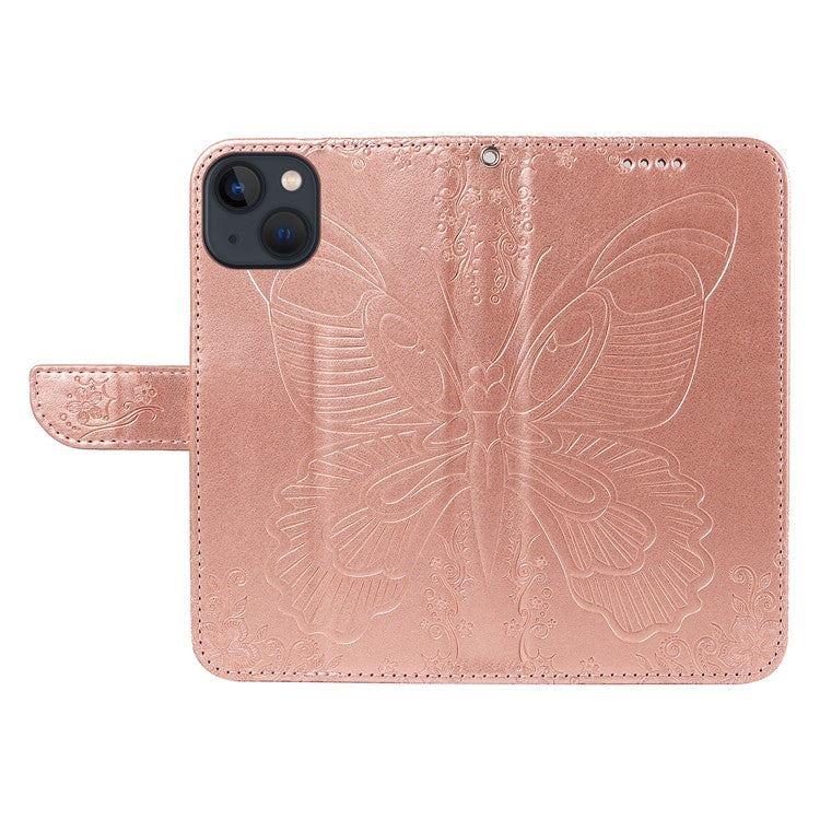 For iPhone 14 Case Butterfly Pattern Leather Phone Cover with Wallet Stand - Rose Gold