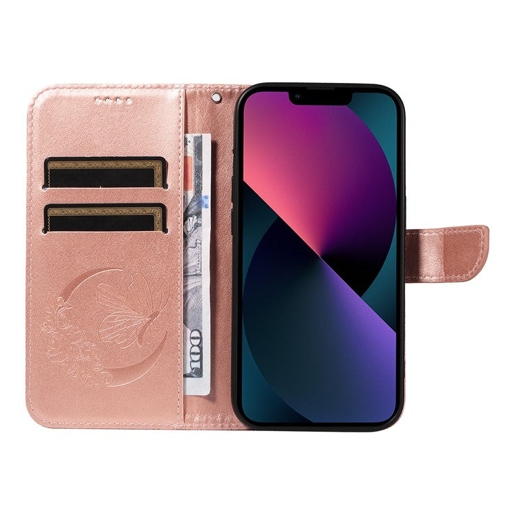 For iPhone 14 Case Butterfly Pattern Leather Phone Cover with Wallet Stand - Rose Gold