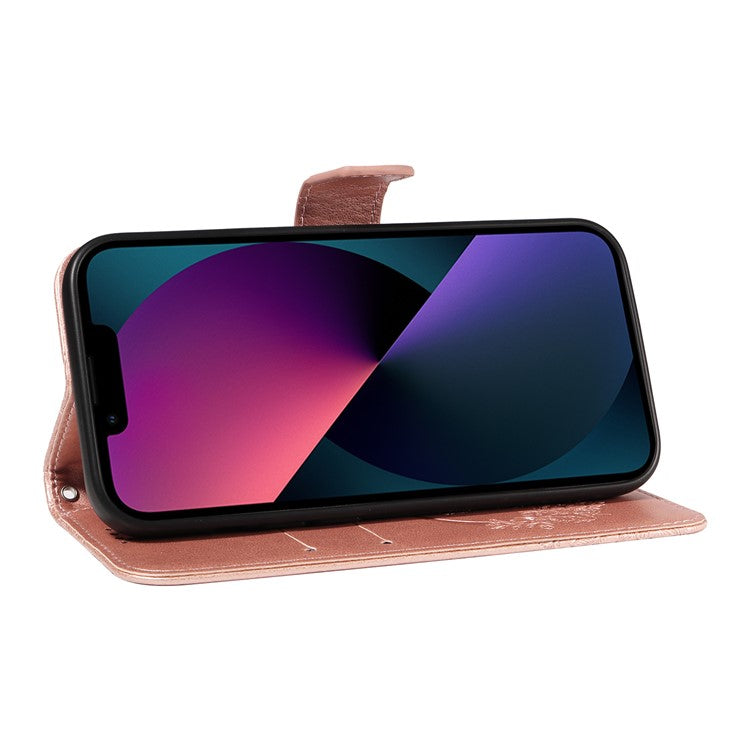 For iPhone 14 Case Butterfly Pattern Leather Phone Cover with Wallet Stand - Rose Gold