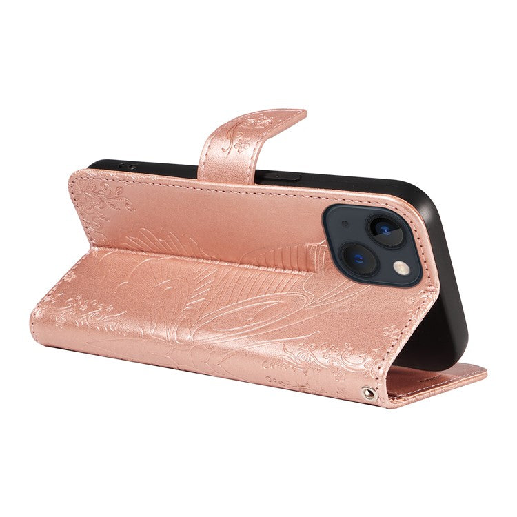 For iPhone 14 Case Butterfly Pattern Leather Phone Cover with Wallet Stand - Rose Gold