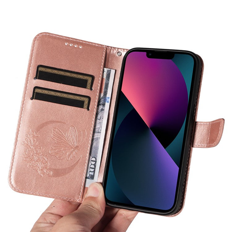For iPhone 14 Case Butterfly Pattern Leather Phone Cover with Wallet Stand - Rose Gold