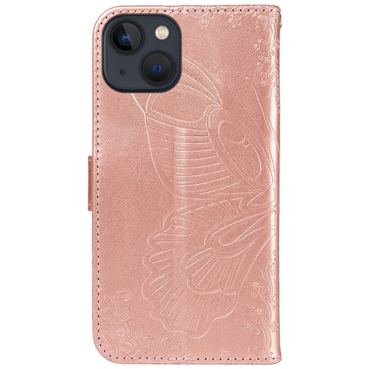 For iPhone 14 Case Butterfly Pattern Leather Phone Cover with Wallet Stand - Rose Gold
