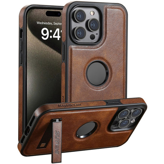 SUTENI G2 For iPhone 14 Pro Magnetic Case Waxy Texture Kickstand Leather+TPU Phone Cover - Brown