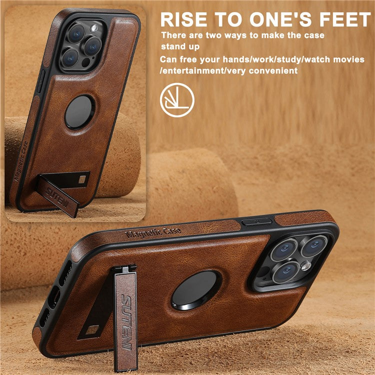 SUTENI G2 For iPhone 14 Pro Magnetic Case Waxy Texture Kickstand Leather+TPU Phone Cover - Brown