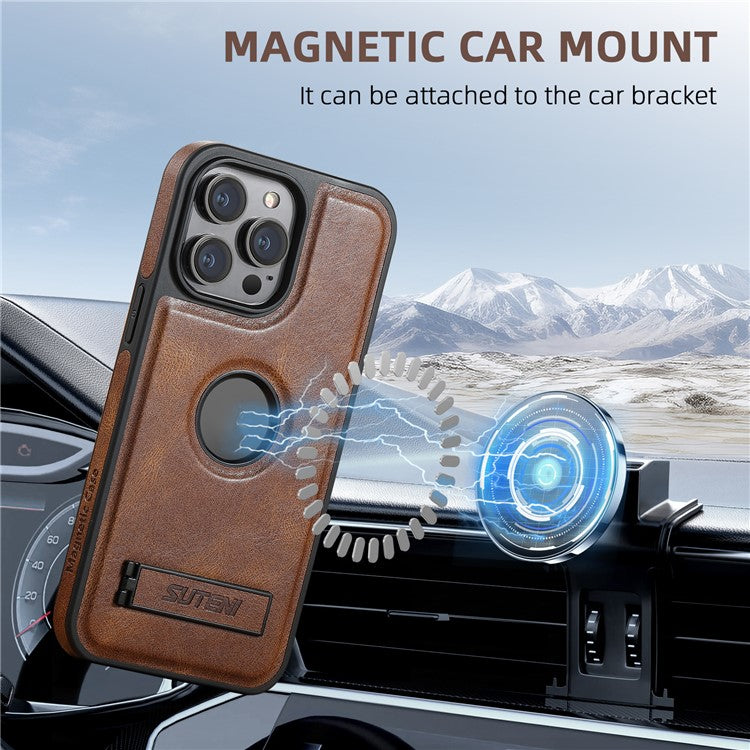 SUTENI G2 For iPhone 14 Pro Magnetic Case Waxy Texture Kickstand Leather+TPU Phone Cover - Brown
