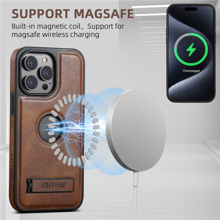 SUTENI G2 For iPhone 14 Pro Magnetic Case Waxy Texture Kickstand Leather+TPU Phone Cover - Brown