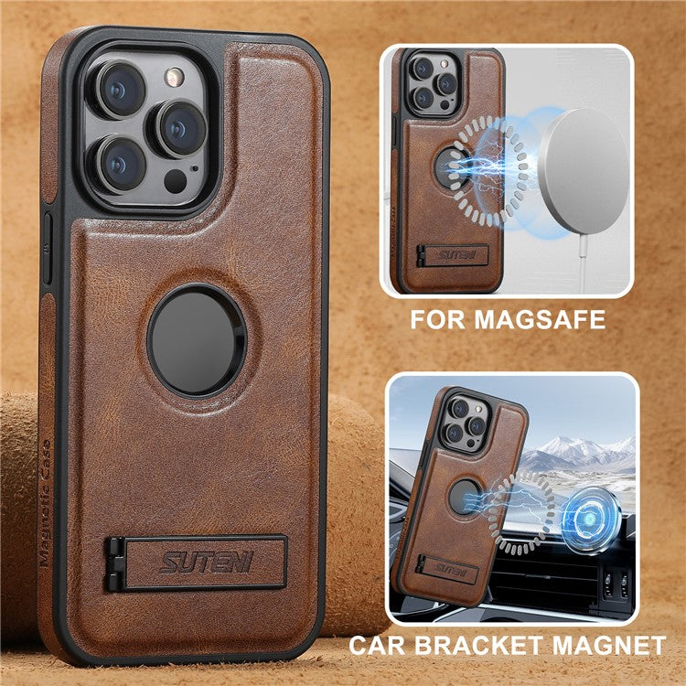SUTENI G2 For iPhone 14 Pro Magnetic Case Waxy Texture Kickstand Leather+TPU Phone Cover - Brown