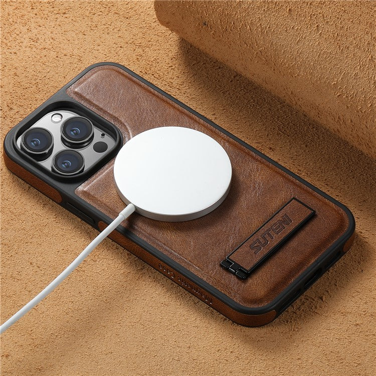 SUTENI G2 For iPhone 14 Pro Magnetic Case Waxy Texture Kickstand Leather+TPU Phone Cover - Brown