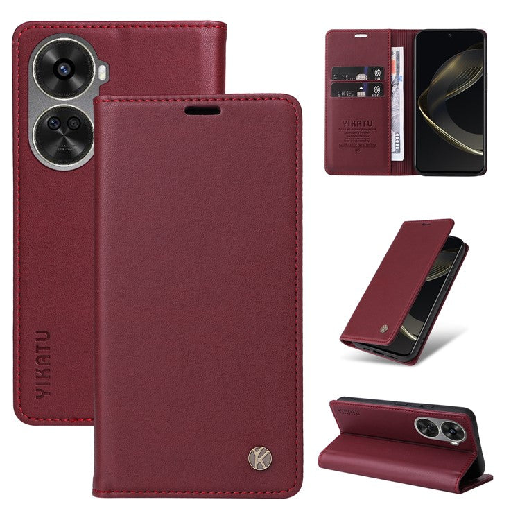 YIKATU YK-001 For Huawei nova 12 SE 4G / nova 11 SE Case Wallet Leather Phone Cover Strong Magnetic Closure - Wine Red