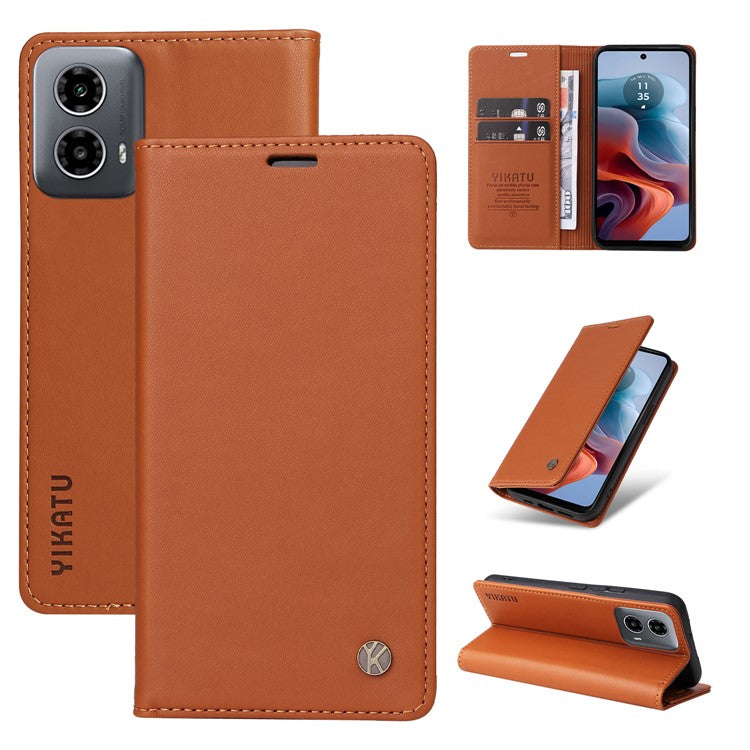 YIKATU YK-001 For Motorola Moto G45 5G / G34 5G Case Magnetic Closure Full Protection Leather Phone Cover - Brown
